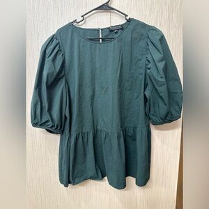 Eloquii Green Puff Sleeve‎ Blouse with Ruffled Boxy Fit